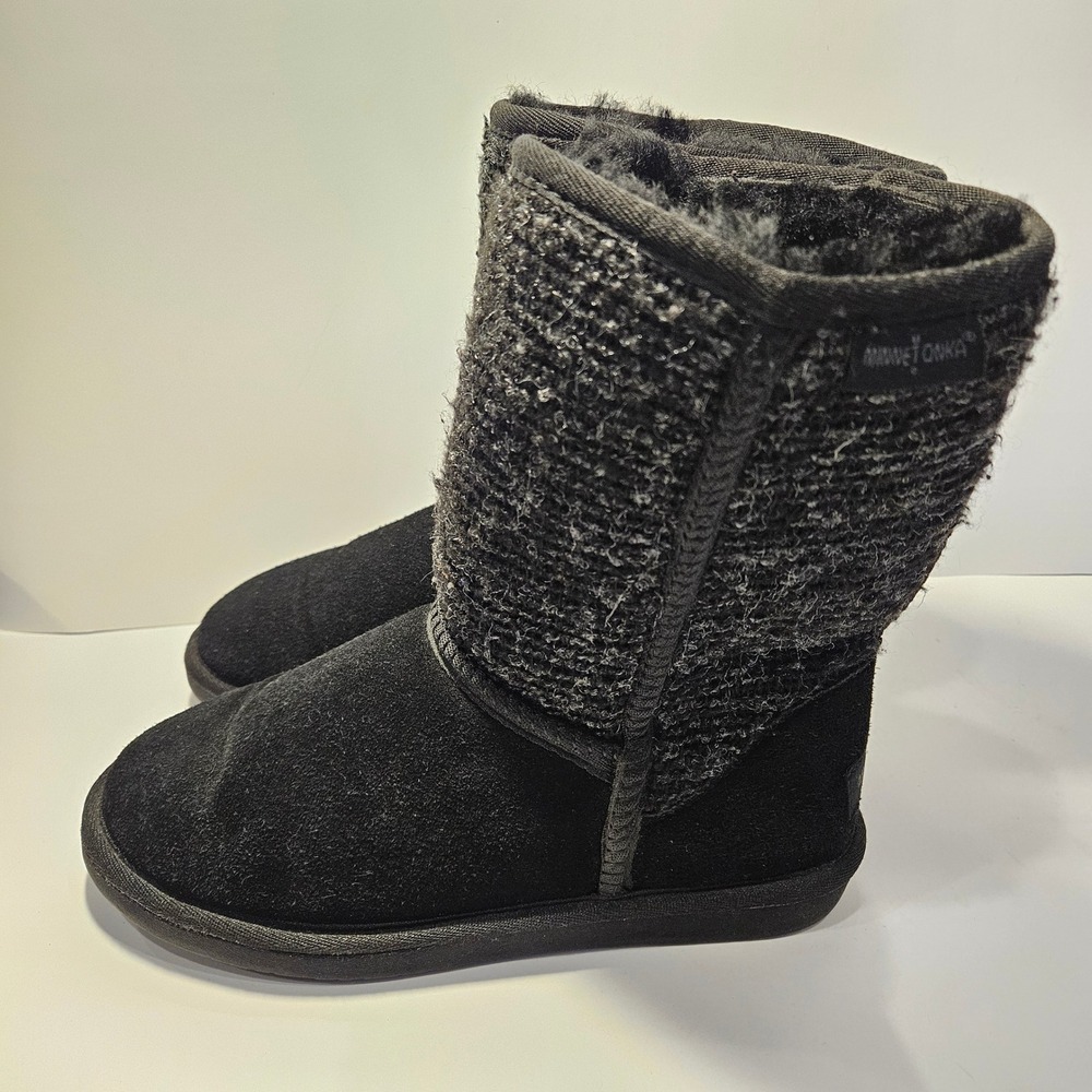 Minnetonka Womens Black Suede Knit Sheepskin Wool Lined‎ Winter Boots Size 8